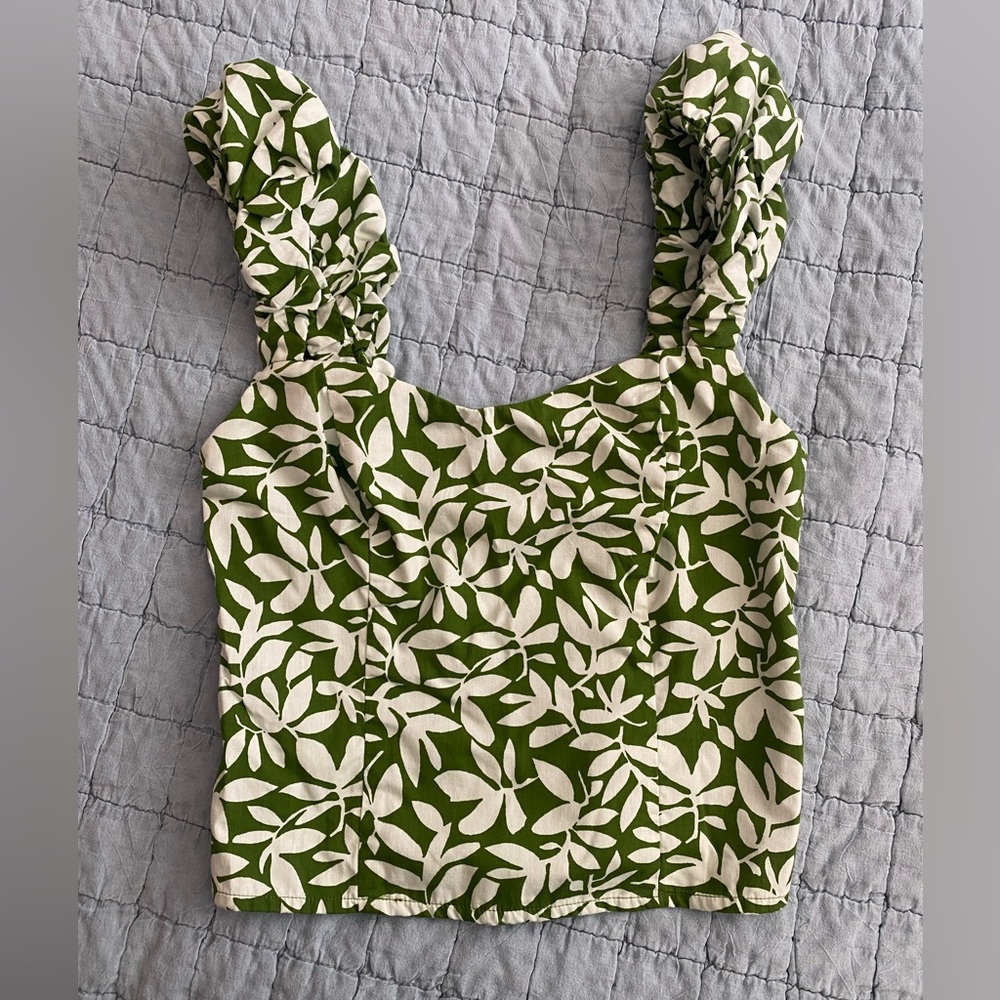 Abercrombie & Fitch Olive Green and Cream Leaf-Print Square Neck Camisole